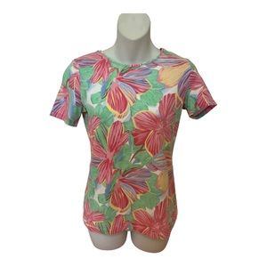 Talbots Hibiscus Inspired Floral T-shirt Shirt Top Pink Green Yellow sz XS